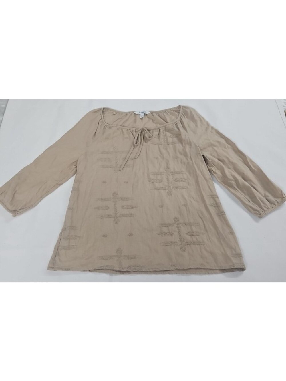 Old Navy Boho Peasant Blouse Medium Beige Embroidered Tie Neck Cottagecore Top - Picture 5 of 10